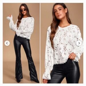 Free People White Lace Balloon-Sleeve Top